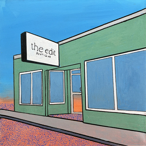 the edit - BOUTIQUE, 10"x10", Acrylic Paint & Pens on Stretched Canvas