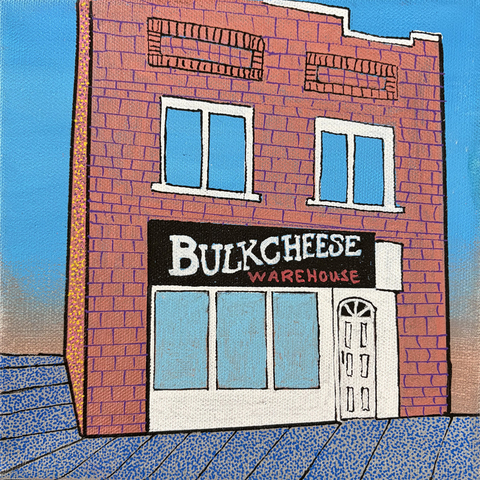 Bulk Cheese Warehouse, 8"x8", Acrylic Paint & Pens on Stretched Canvas