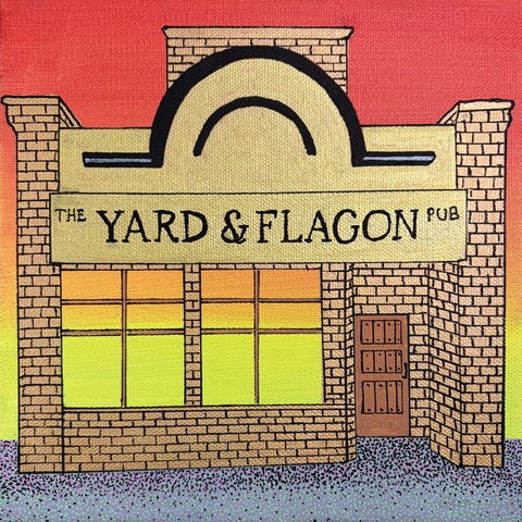 Golden Yard & Flagon Pub, 8"x8", Acrylic Paint & Pens on Stretched Canvas