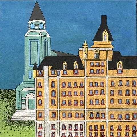 Bessborough & St. Paul's Cathedral, 12"x12", Acrylic Paint & Pens on Stretched Canvas